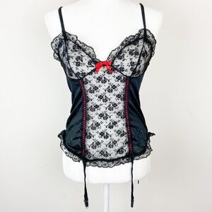 Vintage Nan Flower Lingerie Lace Camisole w/Garters Size M Black Frilly Nylon